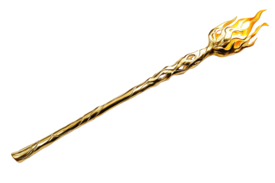 Burning torch with golden flames isolated on transparent background. Gold staff with flames on white background.