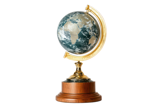 Antique brass globe on wooden stand isolated on transparent background. Gold trophy with a globe on a wooden base isolated on white background. - Powered by Adobe