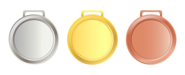 Gold, silver, and bronze championship medals and tokens. Vector illustration of 3D tokens for certificates, quality marks, guarantees, and award placement designations.