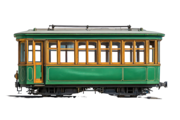 Vintage green streetcar isolated on transparent background. Green trolley car with wooden windows isolated on white background.