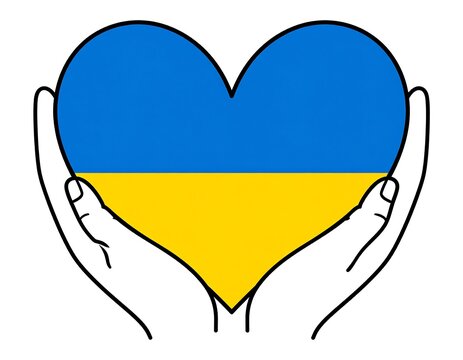 A heart shape in blue and yellow colors, held by two hands, conveying support