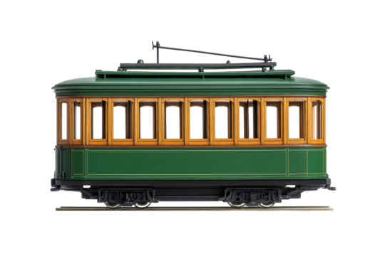Vintage green streetcar isolated on transparent background. Green trolley car with wooden windows isolated on white background.