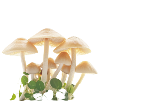 Cluster of pale mushrooms with green stems isolated on transparent background. Group of mushrooms with green leaves isolated on white background.