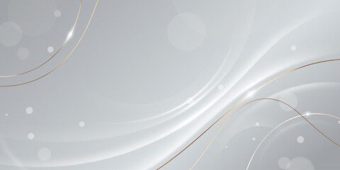 Luxury silver award background with white glitter dots and gold wave lines. Premium elegant smooth gradient surface with flowing curves for certificate, invitation or celebration event design template