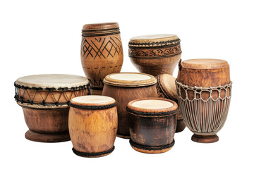 Collection of african djembe drums isolated on transparent background. Group of wooden drums isolated on white background.