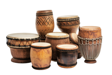 Collection of african djembe drums isolated on transparent background. Group of wooden drums isolated on white background.