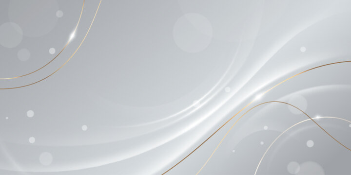 Luxury silver award background with white glitter dots and gold wave lines. Premium elegant smooth gradient surface with flowing curves for certificate, invitation or celebration event design template