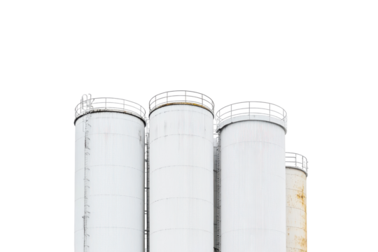 White silos isolated on transparent background. Group of white silos isolated on white background.