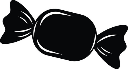 Black candy silhouette vector illustration, wrapped sweet dessert icon design, minimal confectionery artwork for logo, packaging, decoration, and food graphic concept