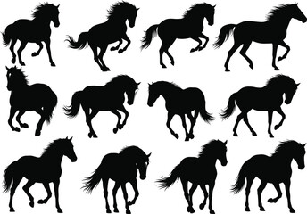 Black horse silhouettes collection, galloping and walking horses vector set, elegant wild stallion animal illustration, equestrian motion design for logo and decoration