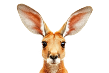 Close up portrait of a kangaroo face isolated on transparent background. kangaroo with large ears on white background.