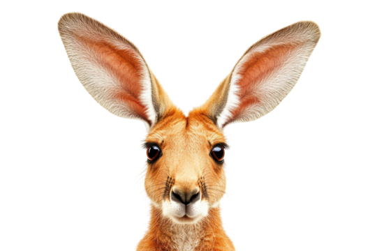 Close up portrait of a kangaroo face isolated on transparent background. kangaroo with large ears on white background.