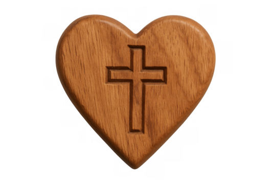 Wooden heart carving cross symbol representing christian faith, love, and spiritual devotion, isolated for design