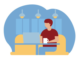 Man working on laptop in cafe.