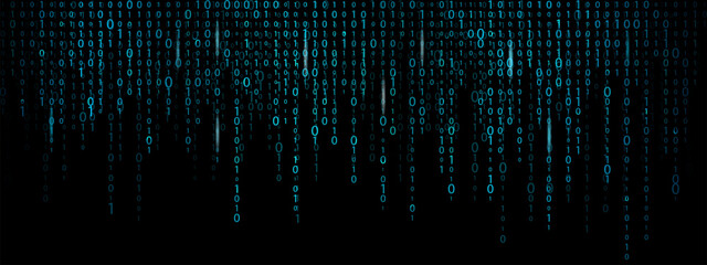 Binary code rain background with matrix style. Futuristic digital bg with flowing blue code numbers.