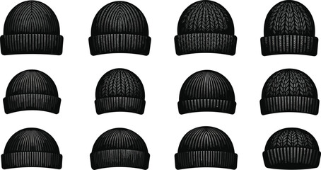 Black knit beanie collection, winter hats, folded brim, textured patterns, fashion accessories, wool headwear, cozy style, cold weather gear, textile design, apparel illustration