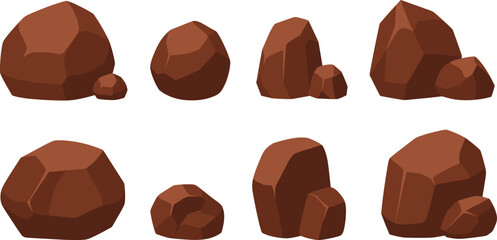 Brown rock collection, stylized boulders, polygonal stones, game assets, terrain elements, natural environment, digital illustration, rocky texture, landscape design, 3D model