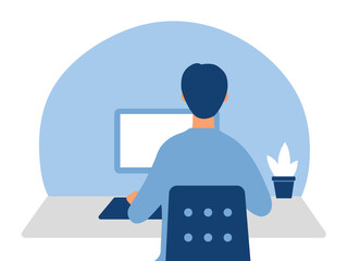 Man working on computer in home.