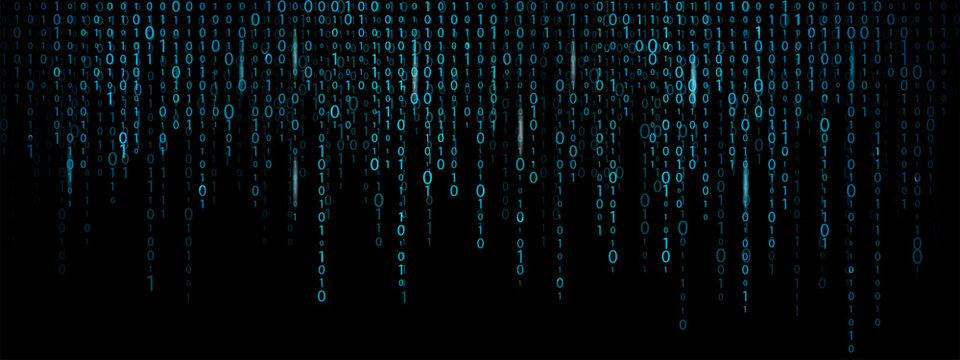 Binary code rain background with matrix style. Futuristic digital bg with flowing blue code numbers.
