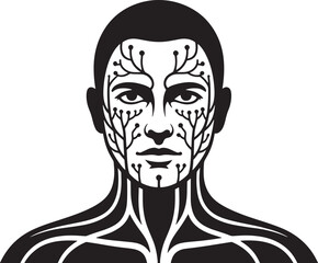 Monochrome Portrait of Man with Vascular System Pattern on Face and Neck Vector Art