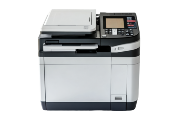 Modern multifunction printer isolated on transparent background. Large white and black printer isolated on white background.