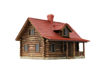 Rustic log cabin model isolated on transparent background. Log cabin with a red roof isolated on white background.