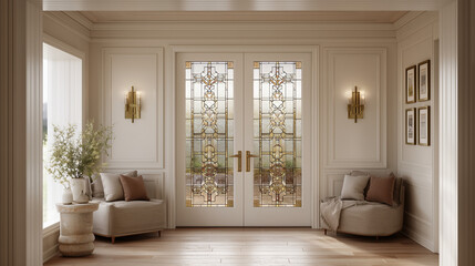 Elegant entryway with decorative glass doors seating areas and subtle wall decor creating a serene space