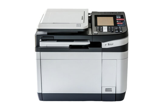 Modern multifunction printer isolated on transparent background. Large white and black printer isolated on white background.