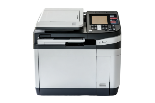 Modern multifunction printer isolated on transparent background. Large white and black printer isolated on white background.