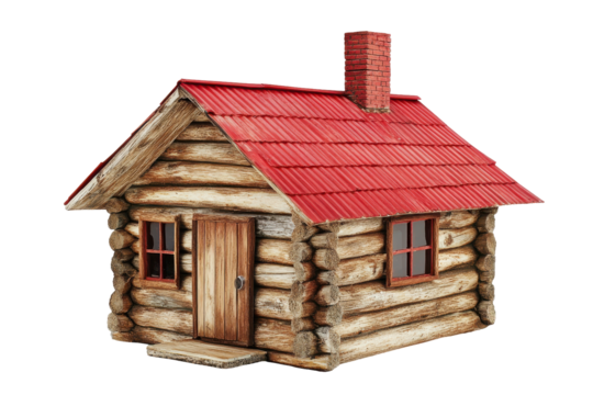 Rustic log cabin model isolated on transparent background. Log cabin with a red roof isolated on white background. - Powered by Adobe