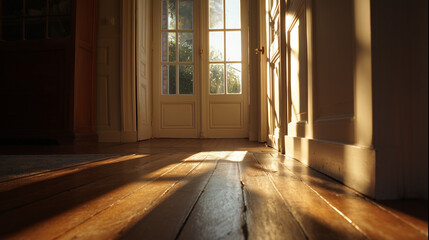 Fototapeta premium Sunlight streams through paneled doors onto a wooden floor creating bright and dark patterns indoors