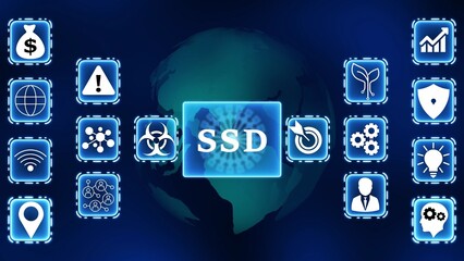 Digital SD technology concept with global network and icons solid state drive computer storage