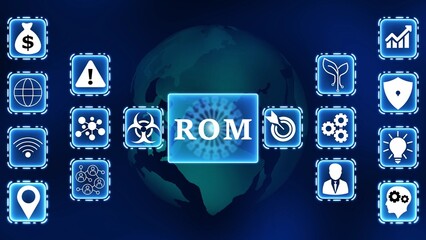 Digital ROM technology concept with global network and icons read only memory computer memory
