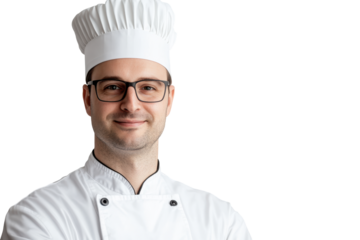 Chef in white uniform with arms crossed isolated on transparent background. Man in a chef's uniform isolated on white background.