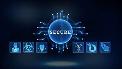 Digital Secure Network with Business and Innovation Icons on Dark Blue Background technology connection
