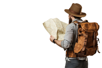 Man with backpack and map isolated on transparent background. Man in a hat and a backpack reading a map isolated on white background.