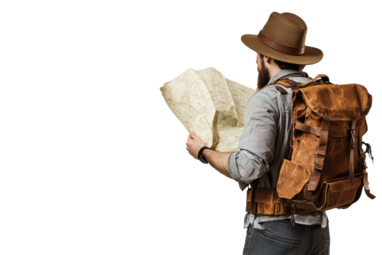 Man with backpack and map isolated on transparent background. Man in a hat and a backpack reading a map isolated on white background.