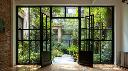 Open black framed doors leading to a lush green courtyard filled with plants and natural light view