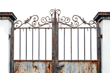 Ornate black wrought iron gate with stone pillars isolated on transparent background. Metal gate isolated on white background.