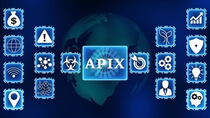Global Financial Technology Icons Surrounding APIX Symbol on Earth Background APIX cryptocurrency