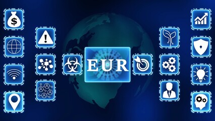 Global Financial Technology Icons Surrounding EUR Currency Symbol on Earth Background Euro finance