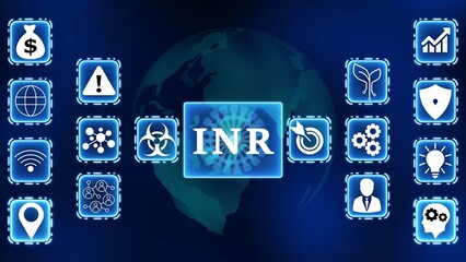Global Financial Technology Icons Surrounding INR Currency Symbol on Earth Background Indian Rupee