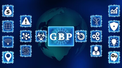 Global Financial Technology Icons Surrounding GBP Currency Symbol on Earth Background Pound Sterling