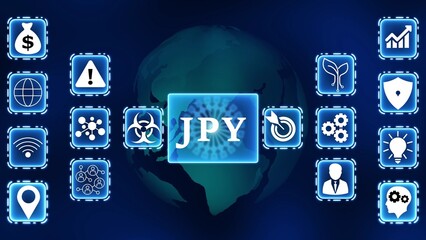 Global Financial Technology Icons Surrounding JPY Currency Symbol on Earth Background Japanese Yen