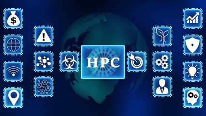 Global network of digital icons with HPC in the center and a background globe high performance computing