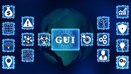 Graphical user interface icons displayed around a globe with GUI text prominently featured technology