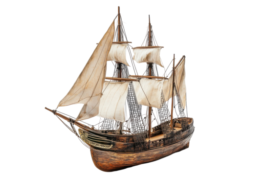 Antique wooden sailing ship model isolated on transparent background. Model of a ship isolated on white background.