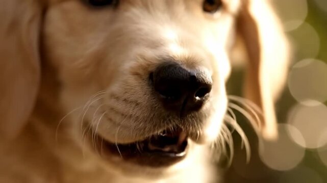 Close up puppy s nose sniffing camera natural daylight bokeh adorable realism. canine olfactory exploration sunlit blur endearing authenticity.