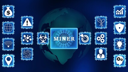 Miner Network of Global Business and Data Icons on Earth Background digital technology