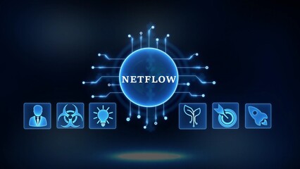 Netflow concept with interconnected digital network and business icons data connection